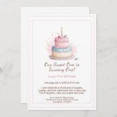 水彩1st誕生日招待状とケーキピンク 招待状 (正面/裏面)