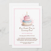 水彩1st誕生日招待状とケーキピンク 招待状 (正面/裏面)