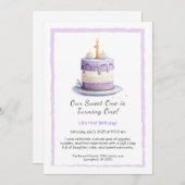 水彩1st誕生日招待状とケーキ薄紫 招待状 (正面/裏面)