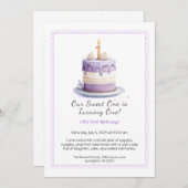 水彩1st誕生日招待状とケーキ薄紫 招待状 (正面/裏面)