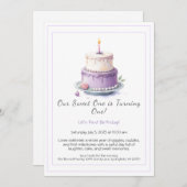 水彩1st誕生日招待状と薄紫ケーキ 招待状 (正面/裏面)