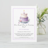 水彩1st誕生日招待状と薄紫ケーキ 招待状 (スタンド正面)