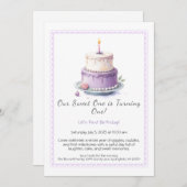 水彩1st誕生日招待状と薄紫ケーキ 招待状 (正面/裏面)