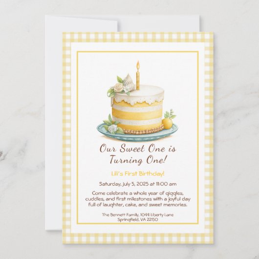 水彩1st誕生日招待状 – ケーキイエロー 招待状 (正面)