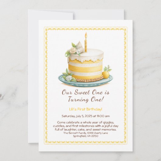 水彩1st誕生日招待状 – ケーキイエロー 招待状 (正面)