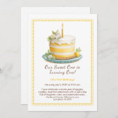 水彩1st誕生日招待状 – ケーキイエロー 招待状 (正面/裏面)