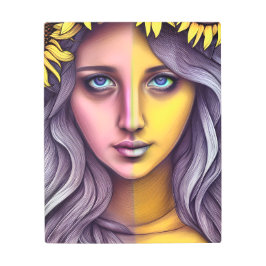 水彩2トーンレトロひまわり女性ポートレート メタルプリント