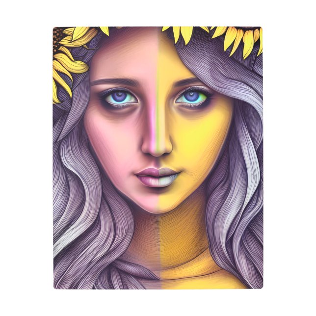 水彩2トーンレトロひまわり女性ポートレート メタルプリント (正面)