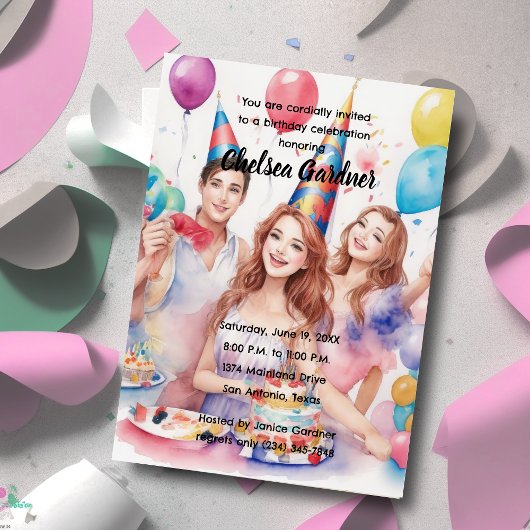 水彩3人の若者祝の誕生日 招待状