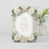 水彩3D白い花金ゴールドブライダルシャワー 招待状 (スタンド正面)