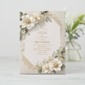 水彩3D白い花  ゴールド  ブライダルシャワー 招待状 (スタンド正面)