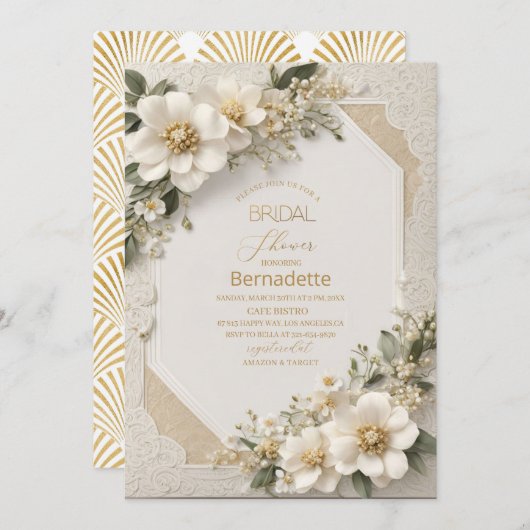 水彩3D白い花  ゴールド  ブライダルシャワー 招待状 (正面/裏面)