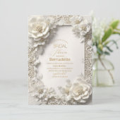 水彩3D白い花  ゴールド  ブライダルシャワー 招待状 (スタンド正面)