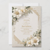 水彩3D白い花  ゴールド  ブライダルシャワー 招待状 (正面)
