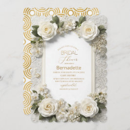 水彩3D白い花  ゴールド  ブライダルシャワー 招待状