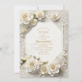 水彩3D白い花  ゴールド  ブライダルシャワー 招待状 (正面)