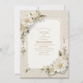 水彩3D白い花  ゴールド  ブライダルシャワー 招待状 (正面)