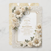 水彩3D白い花  ゴールド  ブライダルシャワー 招待状 (正面/裏面)
