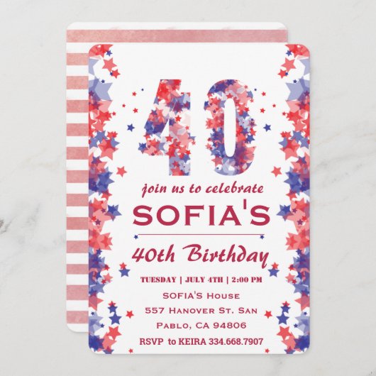 水彩4th 7月40th誕生日パーティの招待状 招待状 (正面/裏面)