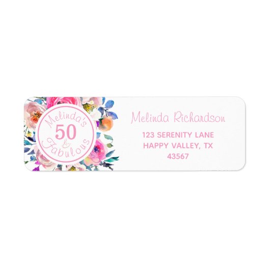 水彩50と素晴らしいピンクローズフローラ ラベル (正面)