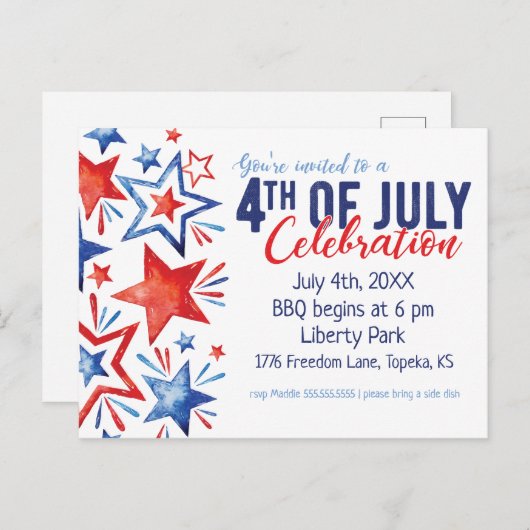 水彩7月4日パーティの招待状 ポストカード (正面/裏面)