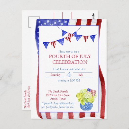 水彩7月4日パーティー ポストカード (正面/裏面)