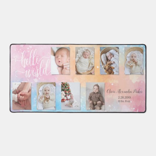 水彩8フォトベビーコラージュ付き/カスタムスクリプト デスクマット (正面)