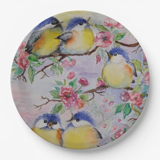 水彩 – かわいいスズメ ペーパープレート (正面)