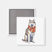 水彩 かわいい シベリアンハスキー 犬 マグネット (正面/裏面)