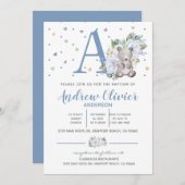 水彩 かわいい テディベア 赤ちゃん 男の子 洗礼 招待状 (正面/裏面)