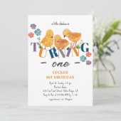 水彩 かわいい ニワトリ ファミリー 1歳の誕生日 招待状 (スタンド正面)