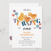 水彩 かわいい ニワトリ ファミリー 1歳の誕生日 招待状 (正面/裏面)