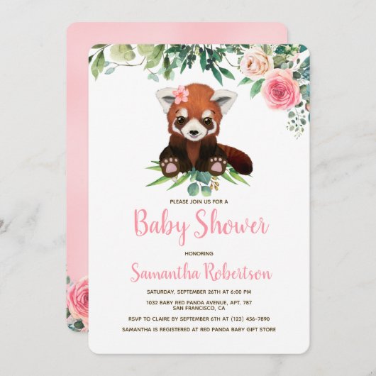 水彩 かわいい ピンク クマ ちゃん 赤ちゃん お披露目パーティー 招待状 (正面/裏面)
