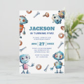 水彩 かわいい ロボット 子供の誕生日 招待状 (スタンド正面)