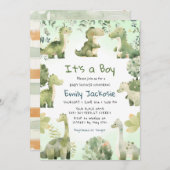 水彩 かわいい 恐竜 グリーン ボーイ ベイビー シャワー 招待状 (正面/裏面)