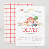 水彩 かわいい 赤い納屋の農場動物の招待状 招待状 (正面/裏面)