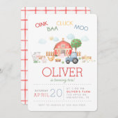 水彩 かわいい 赤い納屋 ファーム アニマル 誕生日招待状 招待状 (正面/裏面)