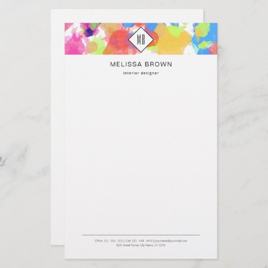 水彩(ばちゃばちゃ)跳ねるカラフル抽象芸術モダン 便箋 (正面/裏面)