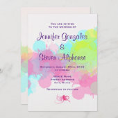 水彩(ばちゃばちゃ)跳ねるカラフル抽象芸術結婚 招待状 (正面/裏面)