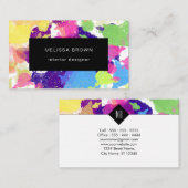 水彩(ばちゃばちゃ)跳ねるカラフル黒抽象芸術 名刺 (正面/裏面)