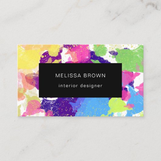 水彩(ばちゃばちゃ)跳ねるカラフル黒抽象芸術 名刺 (正面)
