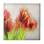 水彩(ばちゃばちゃ)跳ねるレッドイエローチューリップフローラ タイル (正面)