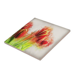 水彩（ばちゃばちゃ）跳ねるレッドイエローチューリップフローラ タイル