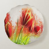水彩（ばちゃばちゃ）跳ねるレッドイエローチューリップフローラ ラウンドクッション (裏面)
