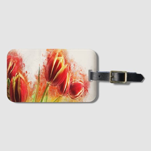 水彩（ばちゃばちゃ）跳ねるレッドイエローチューリップフローラ ラゲッジタグ (正面横)
