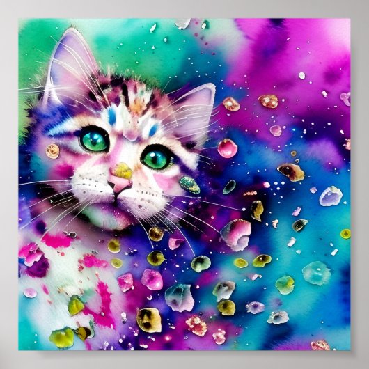 水彩(ばちゃばちゃ)跳ねる子猫 ポスター (正面)