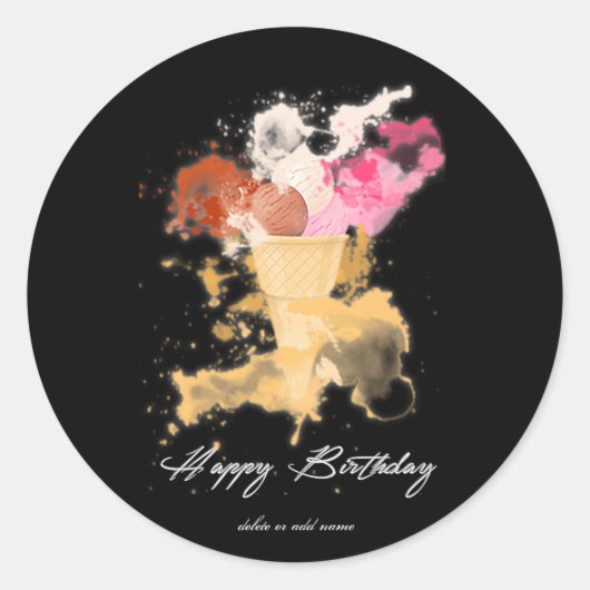 水彩(ばちゃばちゃ)跳ねる誕生日アイスクリーム ラウンドシール (正面)