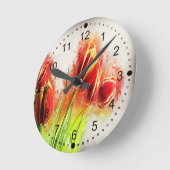 水彩（ばちゃばちゃ）跳ねる赤黄チューリップフローラ  ラウンド壁時計 (傾斜)