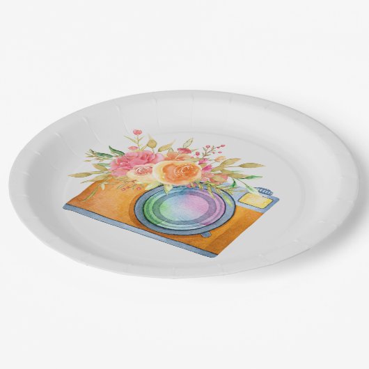 水彩+イラストレーション、オレンジ+カメラ、フローラ+ボウ ペーパープレート (アングル)