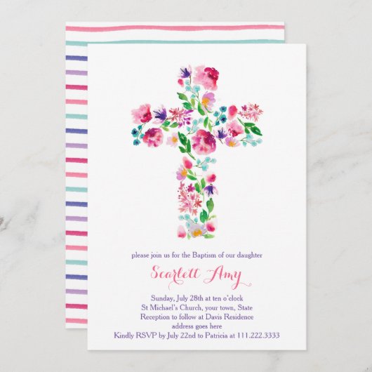 水彩《キリスト教》洗礼式や命名式招待状、ピンク紫 招待状 (正面/裏面)